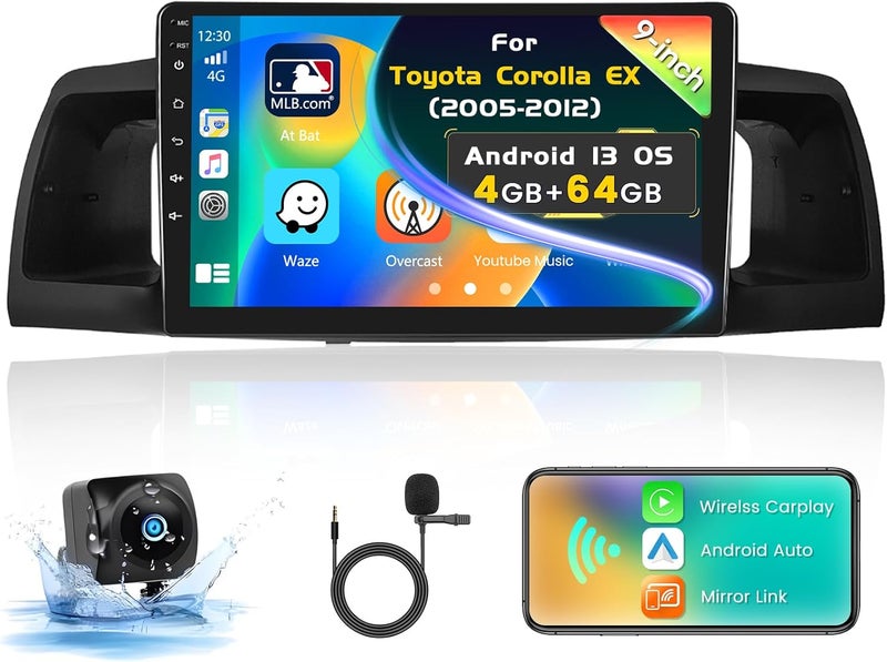 Inefala [4+64GB] Android 15 Car Stereo for Toyota Corolla EX 2005-2012 with Wireless Carplay Android Auto, 9 Inch HD Touchscreen Car Radio with WiFi GPS Bluetooth5.0 FM/RDS 32EQ SWC Backup Camera MIC - Image 1